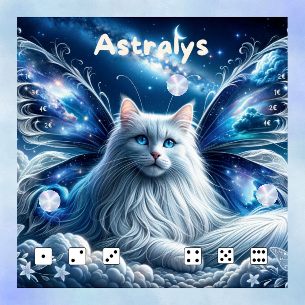 Recto du defi budget Astralys avec chat bleu et univers feerique